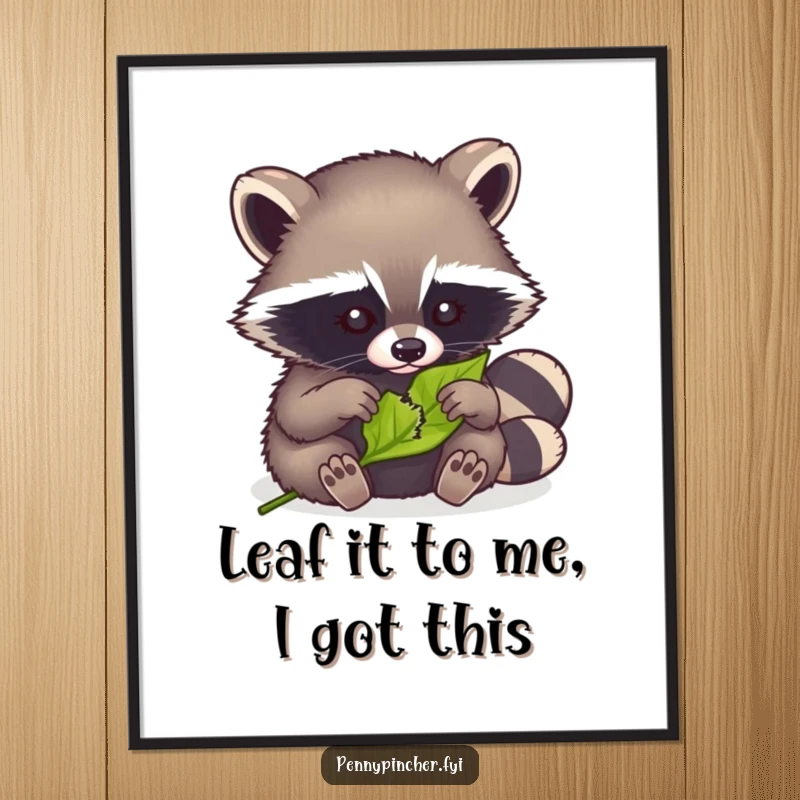 Funny Free Printable Wall Art: A clever raccoon meticulously stitching a torn leaf back together, adding personality to your decor.