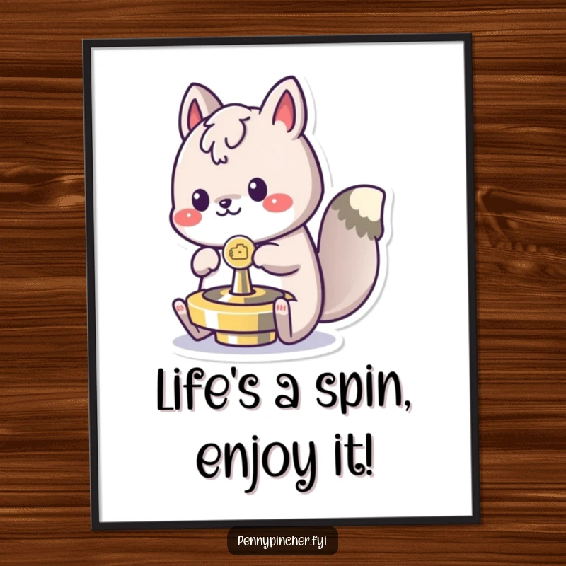 Funny Free Printable Wall Art: A cute, energetic animal character having fun spinning a coin as if it were a top.