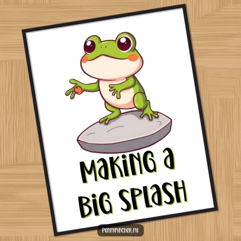 Funny Free Printable Wall Art: Clever frog using a large coin as a stepping stone, humorous downloadable decor