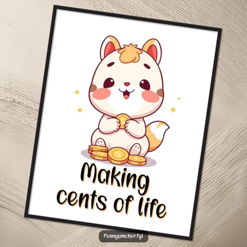 Funny free printable wall art: a cheerful animal character sits surrounded by coins, joyfully counting its growing fortune.