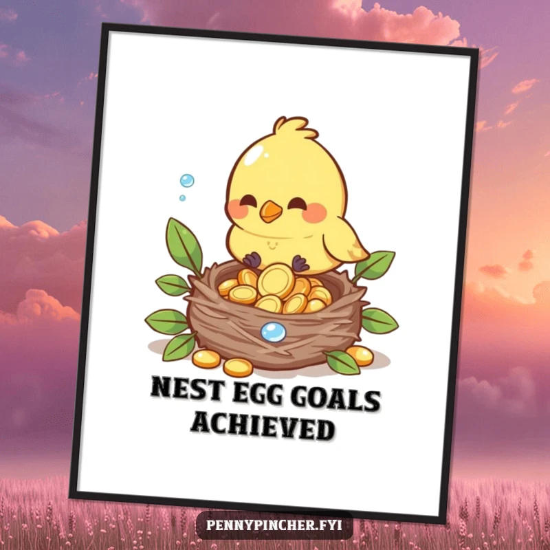 Funny Free Printable Wall Art of a bird character carefully placing shiny dewdrop coins into a well-kept nest.