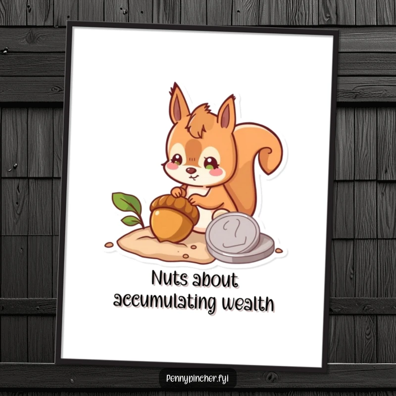 Funny Free Printable Wall Art: Hopeful squirrel burying an acorn beside a large shiny coin, humorous downloadable decor