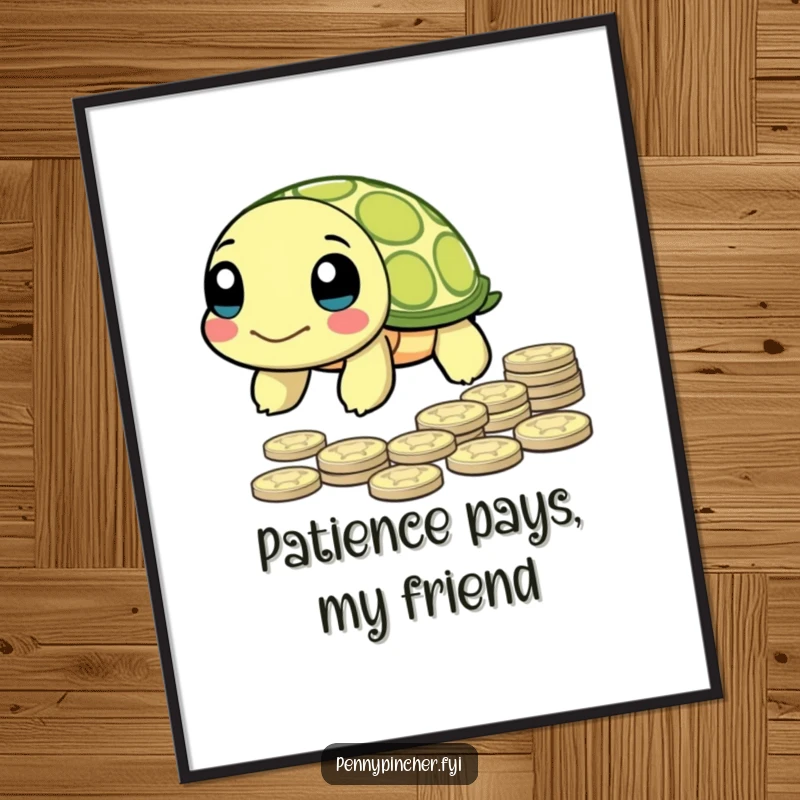 Funny Free Printable Wall Art: A determined turtle character slowly moving towards a pile of pennies, symbolizing patience.