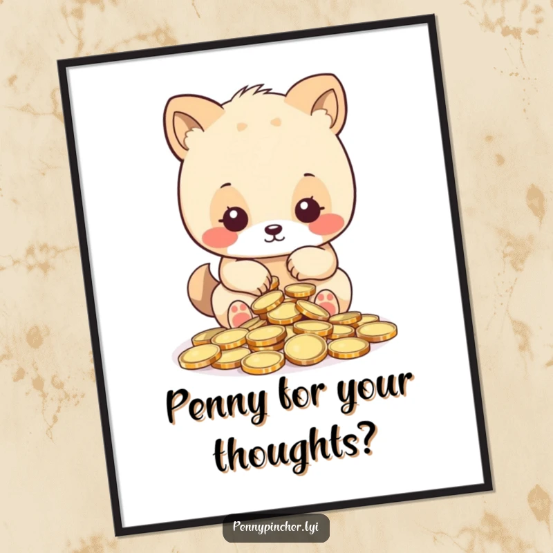 Funny Free Printable Wall Art: Cartoon animal intently counting a small pile of shiny coins, a humorous nod to meticulousness and wealth.
