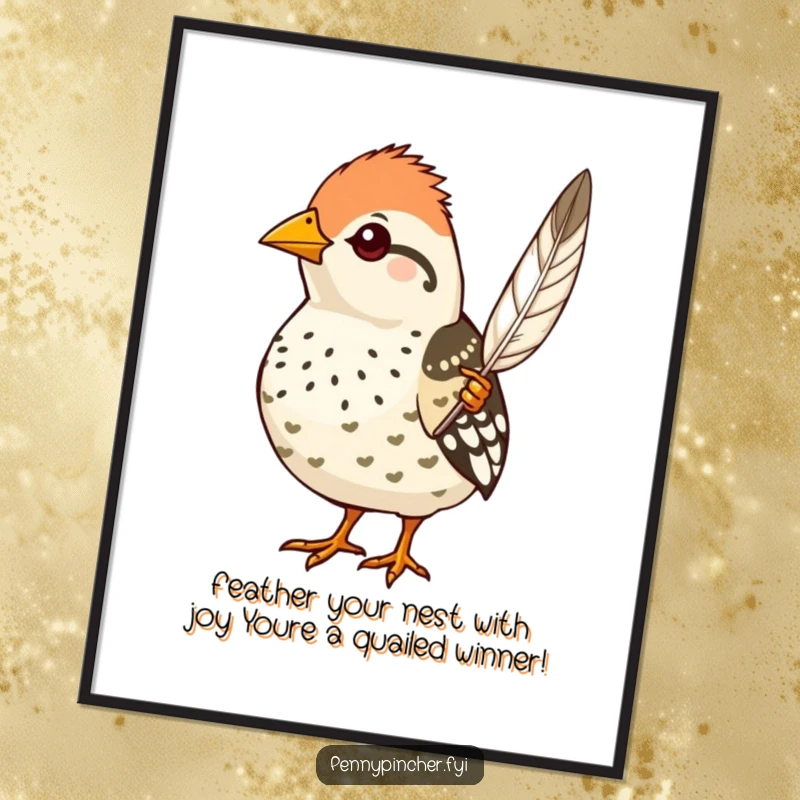 Funny free printable wall art, a proud quail character showing off a single perfect feather, elegant decor.