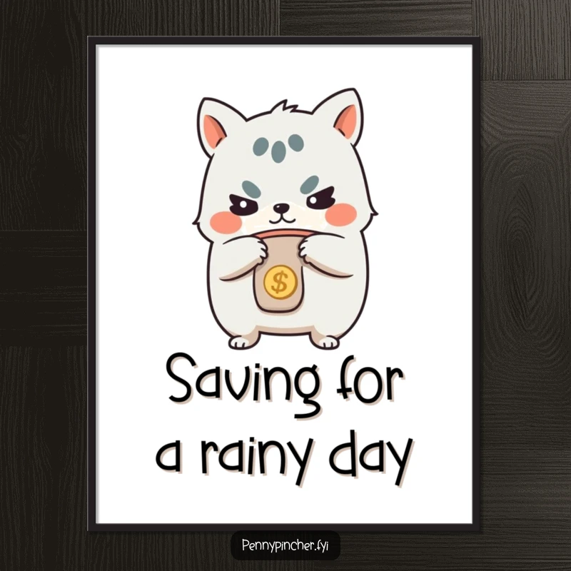 Funny Free Printable Wall Art: Cartoon animal determinedly tightening its coin purse, a humorous depiction of saving money and financial prudence.