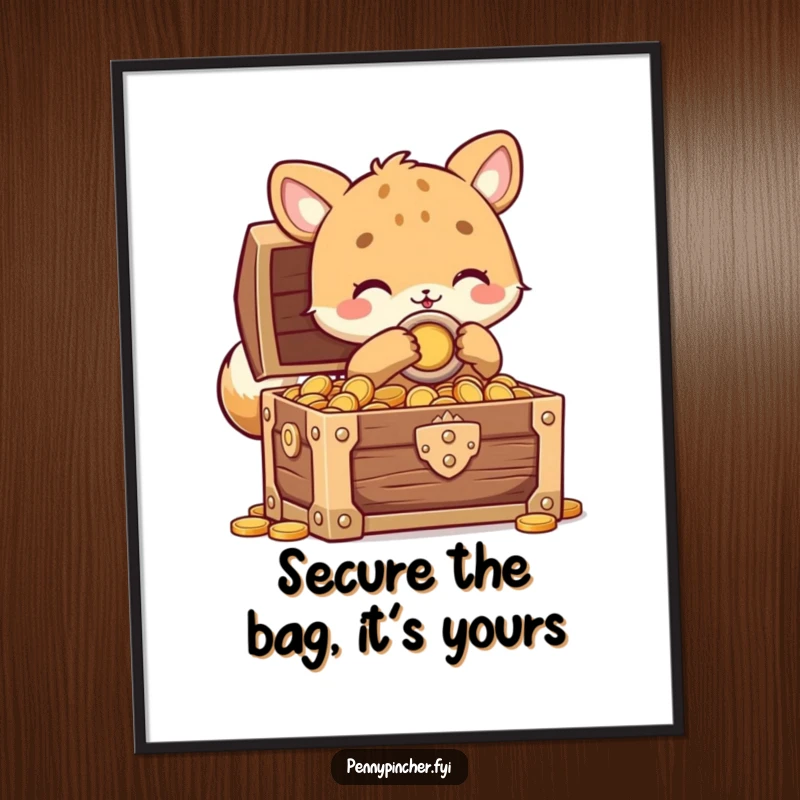 Funny Free Printable Wall Art: An animal character carefully locks a treasure chest packed with glittering coins.