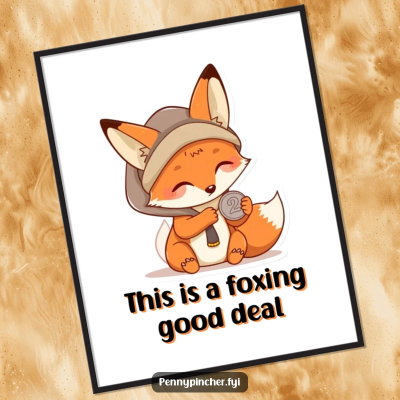 Funny Free Printable Wall Art: Kawaii fox with a determined, humorous look, carefully inspecting a single coin, ready to adorn walls.