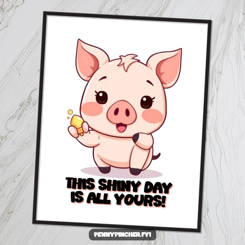 Funny Free Printable Wall Art: A happy Kawaii piglet excitedly shows off a small, shiny object, radiating pure delight.