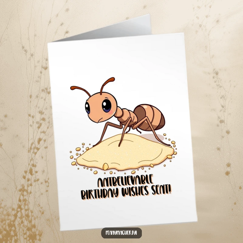 Funny Free Printable birthday card featuring a diligent ant meticulously sorting grains of sand by size with great focus.