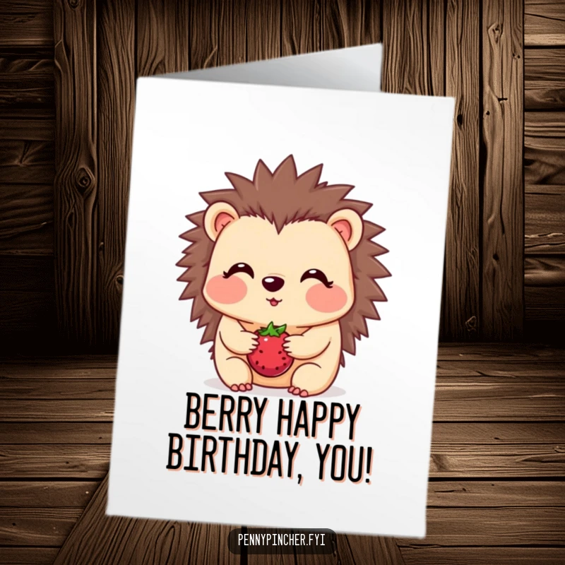 Funny free printable hedgehog birthday card, a blushing hedgehog balancing a berry on its snout, adorable wish.