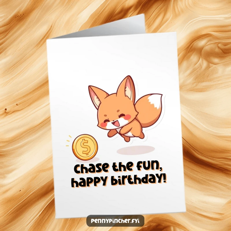 Funny Free Printable Birthday Card: A grinning fox playfully sprints after a rolling coin, full of mischief and birthday cheer.