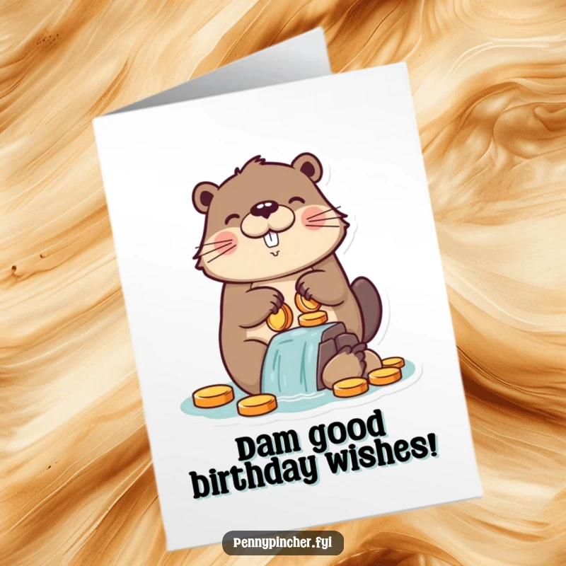 Funny Free Printable Birthday Card: Proud beaver character building a dam of shiny coins, celebrating wealth and humor.