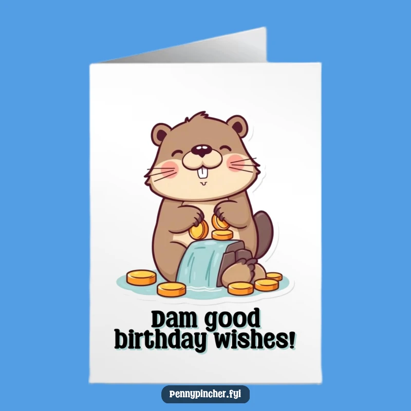 Free Printable Birthday Card: Funny Beaver Building Coin Dam - Hilarious Downloadable Gift