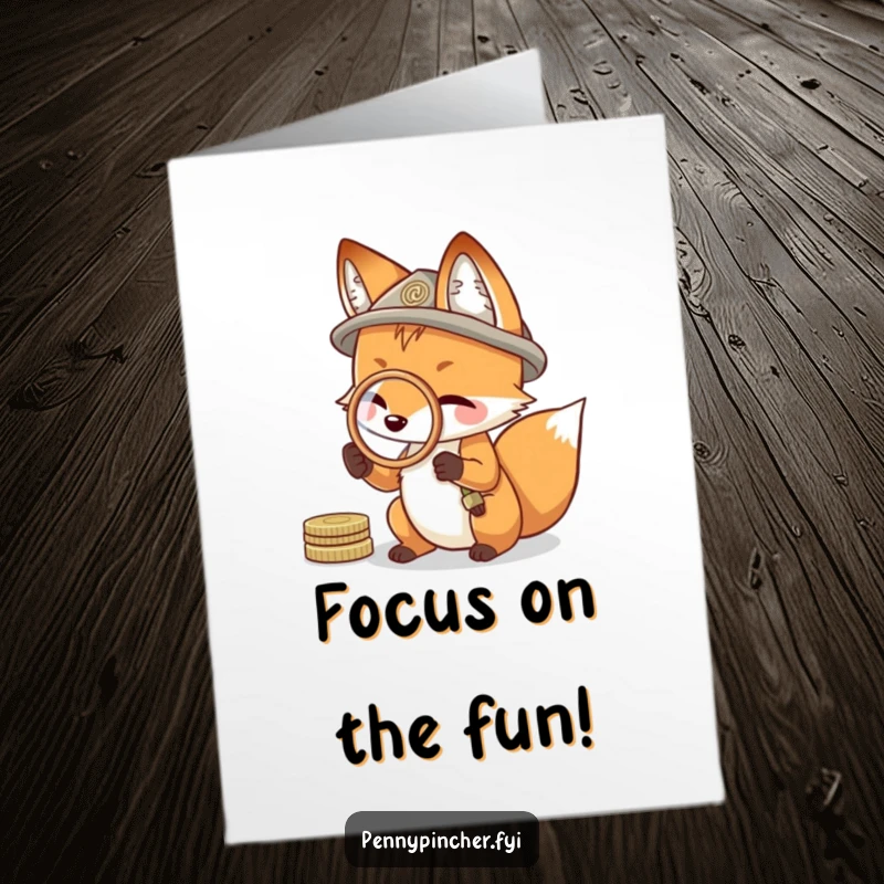 Funny Free Printable Birthday Card: a resourceful fox uses a coin like a magnifying glass to spot birthday details.