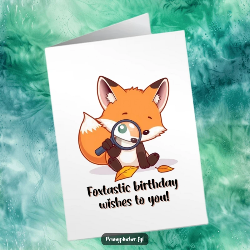 Funny Free Printable birthday card featuring a focused fox intently examining a fallen leaf with a magnifying glass.