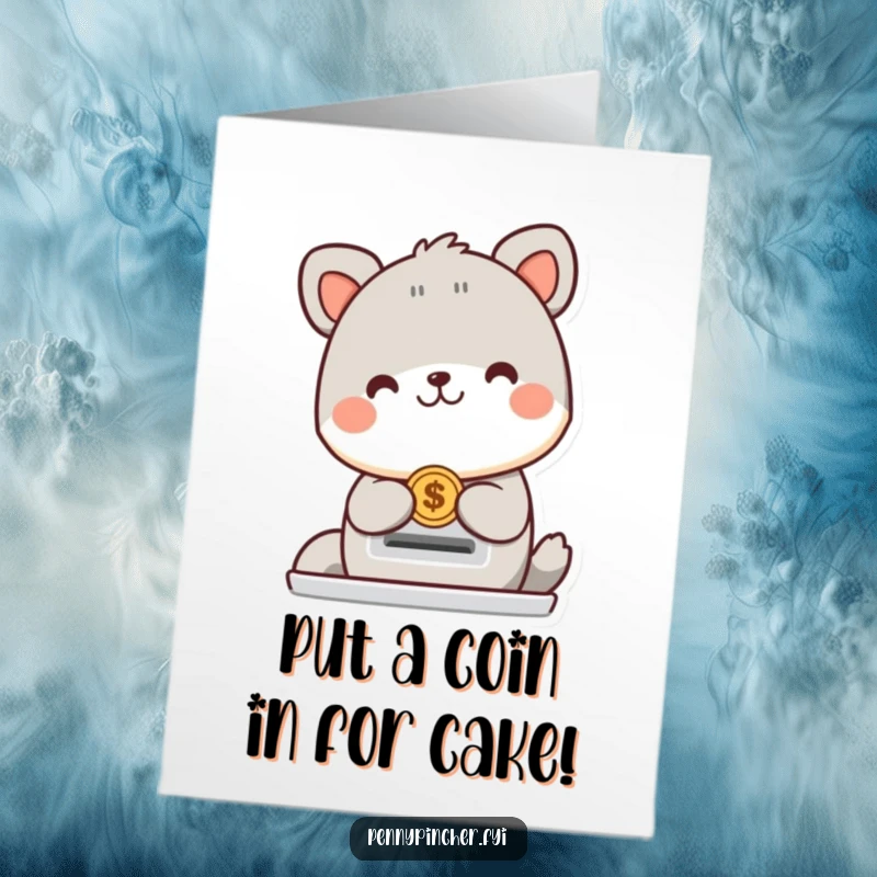Funny Free Printable Birthday Card: A cheerful animal character smiles while inserting a coin into a slot.