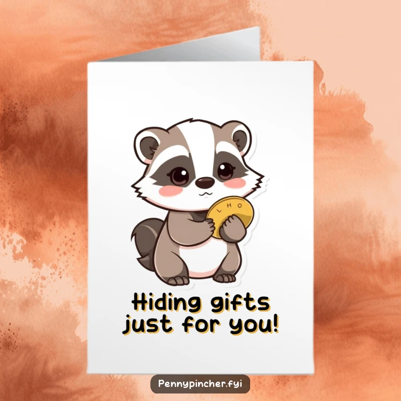 Funny Free Printable Birthday Card featuring a cautious badger character secretly hiding a single coin behind its back, a reserved gesture.