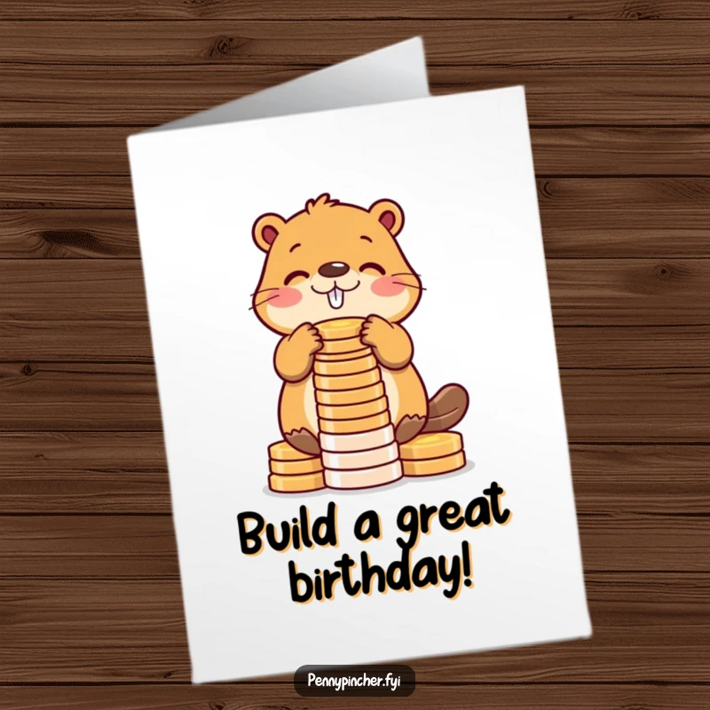 Funny Free Printable Birthday Card: Beaver carefully stacks coins into a tall tower, wishing a rich birthday.