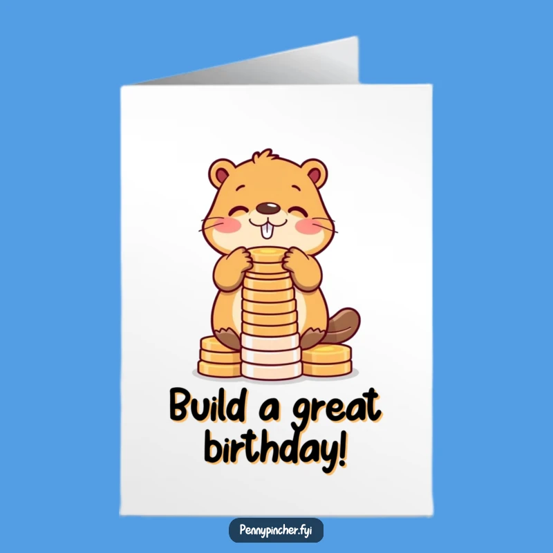 Free Printable Birthday Card: Beaver Builds Coin Tower for a Richer Year