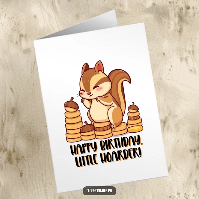 Funny Free Printable Birthday Card: Diligent chipmunk character stacking acorns like coins, looking focused.