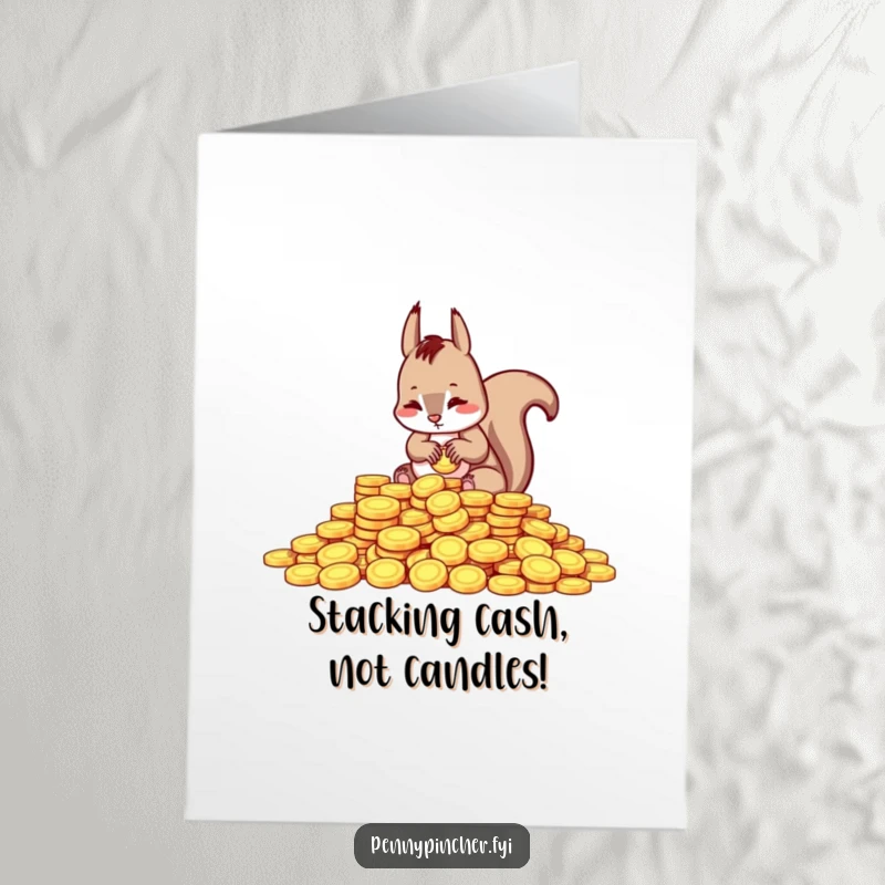 Funny Free Printable Birthday Card showing a squirrel carefully counting a large pile of shiny gold coins with a focused expression.