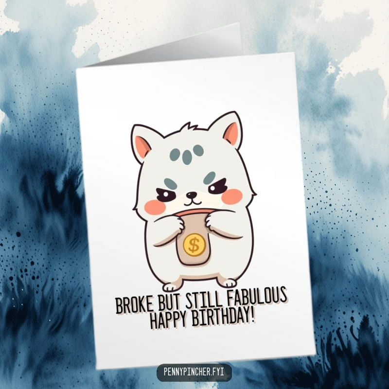 Funny Free Printable Birthday Card: Determined cartoon animal clutching coin purse, ready to save every penny for your special day.