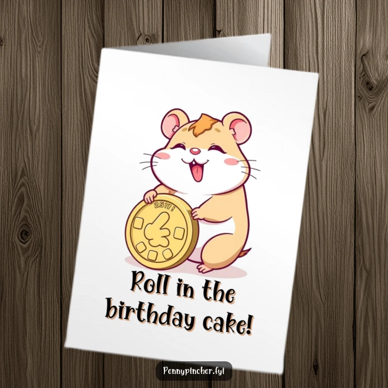 Funny Free Printable Birthday Card: A smiling hamster gleefully pushing a comically large coin, representing a big birthday wish.