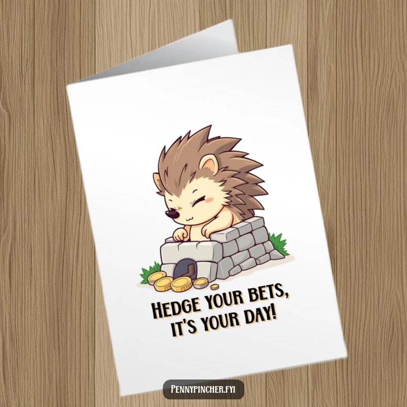 Funny free printable birthday card: Determined hedgehog diligently builds a tiny fortress out of coins, symbolizing wealth and ambition.