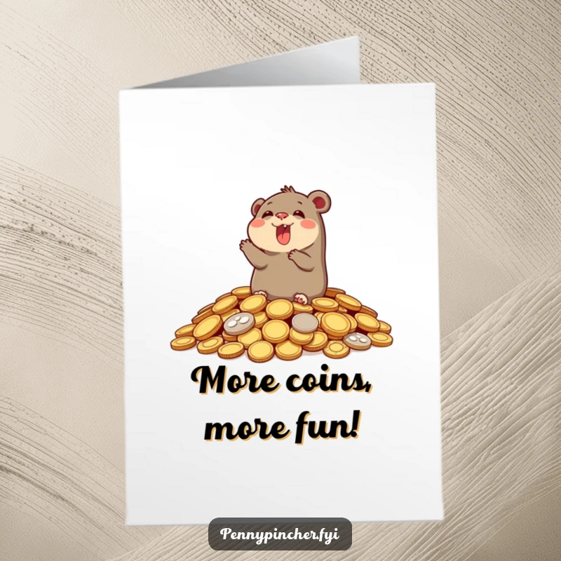 Funny Free Printable Birthday Card featuring a joyful mole character popping out of a coin pile, wishing happy birthday.