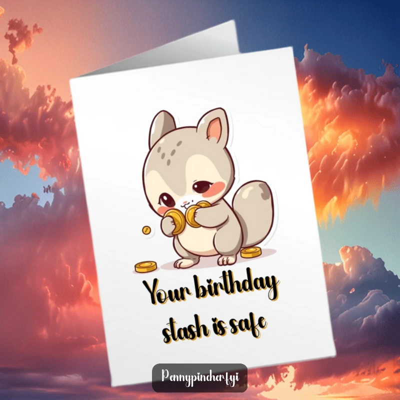 Funny Free Printable Birthday Card: Mischievous animal slyly hides coins behind its back, a perfect prankster's downloadable greeting.