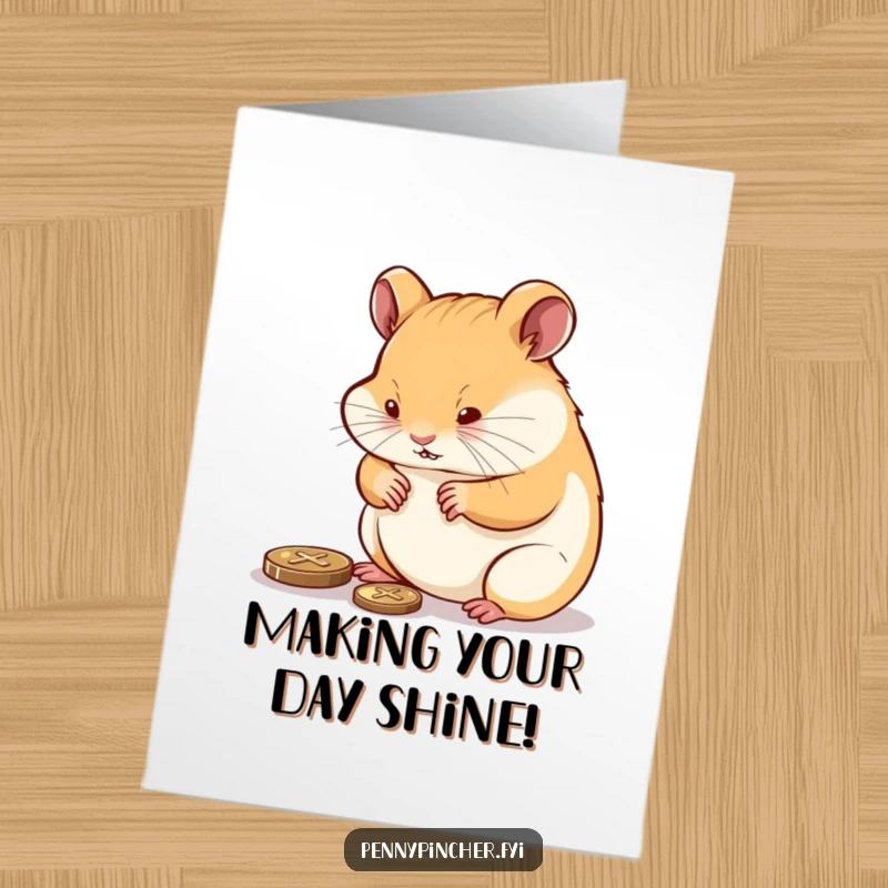 Funny Free Printable Birthday Card: A determined hamster carefully polishes a tiny penny until it gleams.