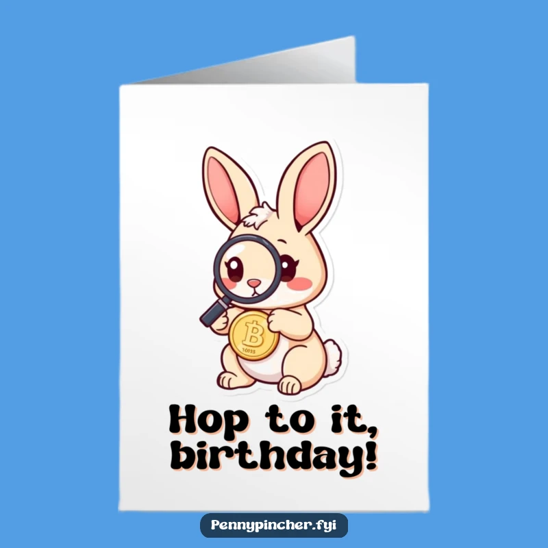 Free Printable Birthday Card: Rabbit Inspects Coin for Birthday Riches