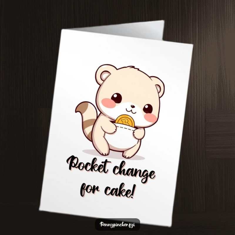 Funny Free Printable Birthday Card: Relieved animal character beaming after finding a coin in its pocket, a lucky downloadable greeting.