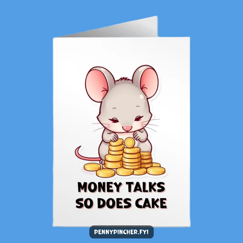 Free Printable Birthday Card: Shy Mouse Counting Coins Funny Downloadable Gift
