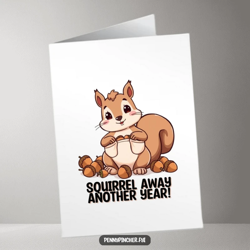 Funny Free Printable Birthday Card of a squirrel character hoarding acorns in its oversized pockets with glee.