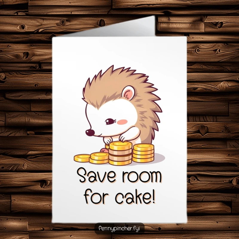Funny Free Printable Birthday Card: a thrifty hedgehog carefully lines up coins, celebrating a special birthday.