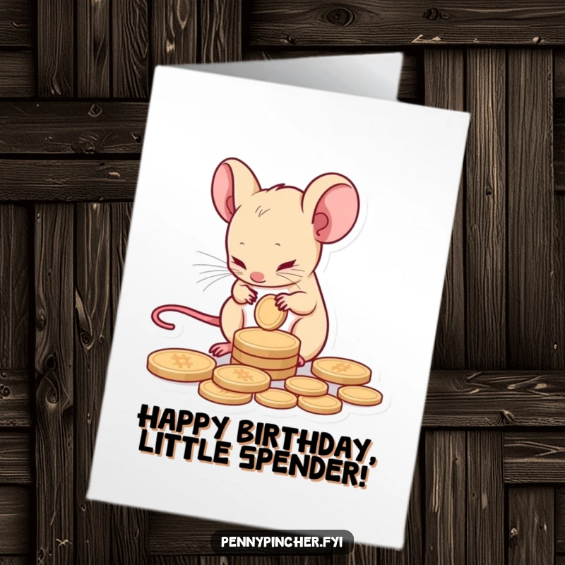 Funny Free Printable Birthday Card of a tiny mouse character carefully counting a single shiny coin with focus.