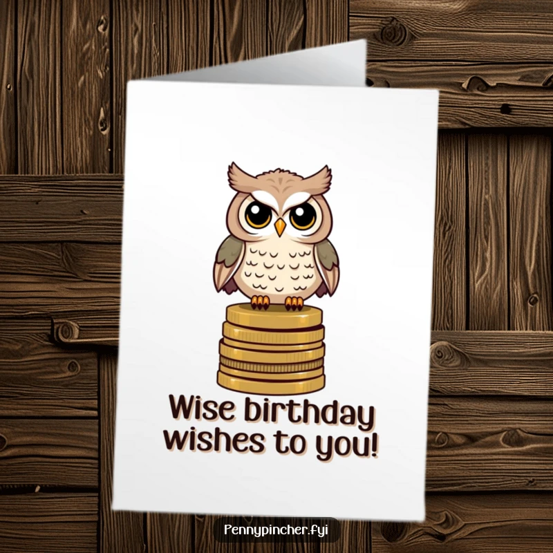 Funny Free Printable Birthday Card: A wise owl perched regally atop a stack of antique coins, looking quite smug.