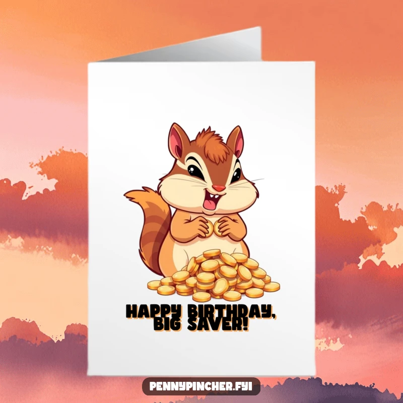 Funny Free Printable Birthday Card: A determined chipmunk guarding a large hoard of coins, ready to celebrate with overflowing joy.