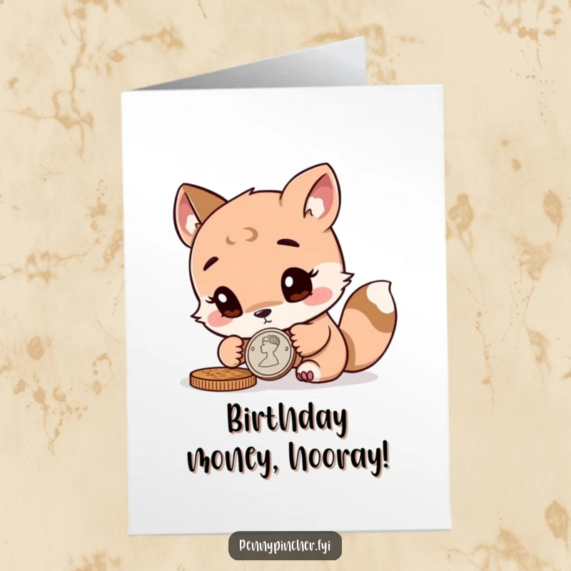 Free Printable Birthday Card featuring a curious animal character intently examining a shiny coin, wondering about its birthday fortune.