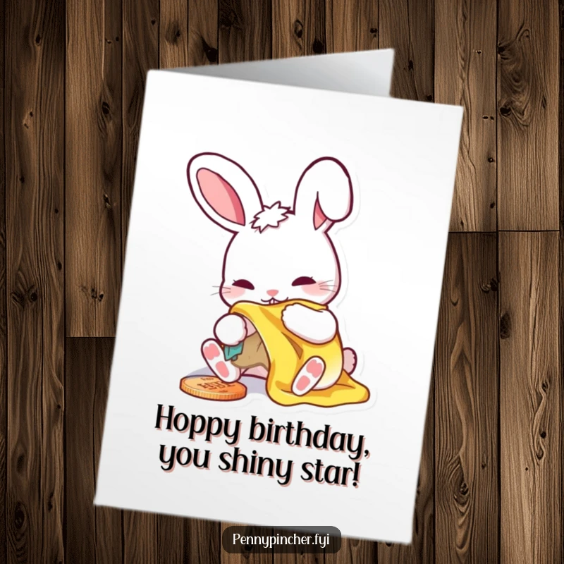 Funny Free Printable Birthday Card of a rabbit character diligently polishing a shiny penny with a focused, comedic intensity.