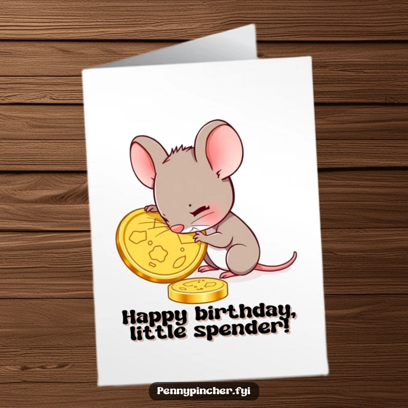 Funny Free Printable Mouse Birthday Card: A small mouse character intently examining a single, oversized gold coin with concentration.