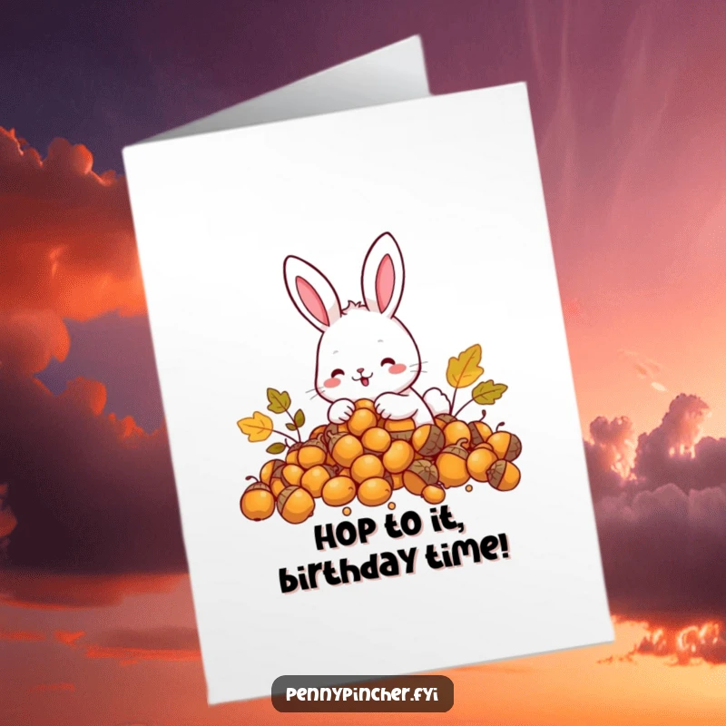 Funny Free Printable Birthday Card showing a happy rabbit character joyfully counting a large pile of golden acorns, a symbol of plenty.