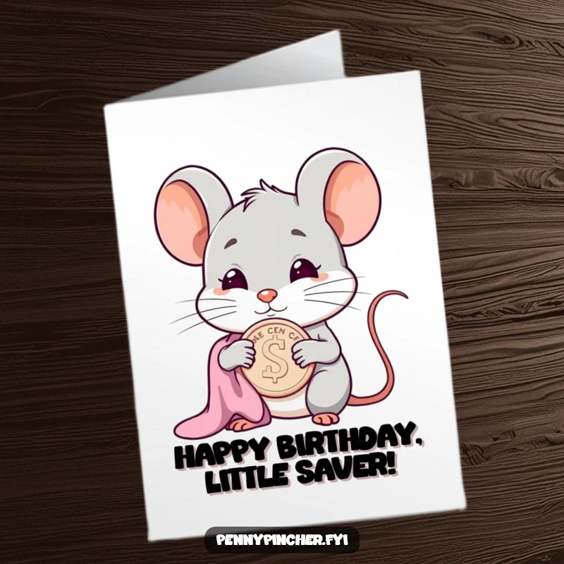 Funny Free Printable Birthday Card: A smug mouse meticulously polishing a single cent with a cloth, showing off its prized possession.