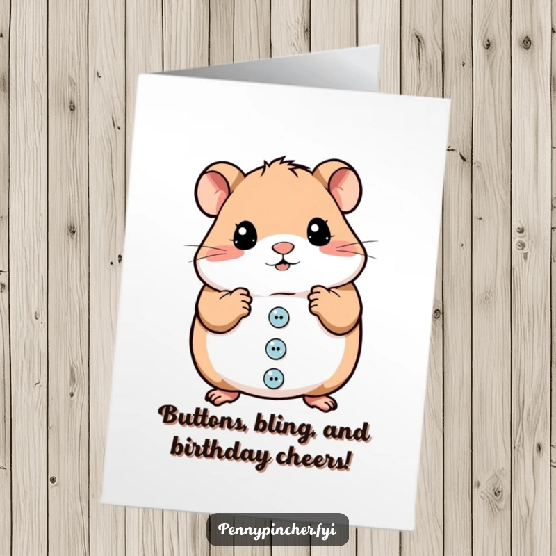 Funny Free Printable Birthday Card of a hamster character meticulously sorting shiny buttons with a focused and comedic expression.