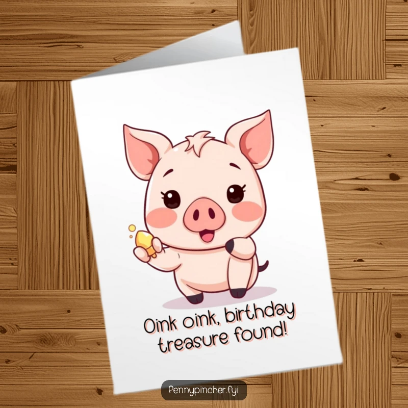 Funny Free Printable Birthday Card: A happy Kawaii piglet excitedly presents a small, sparkling shiny object with glee.