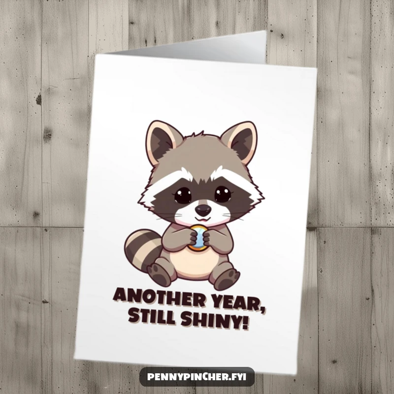 Funny free printable raccoon card, a sneaky raccoon examining a shiny button, perfect for birthdays.