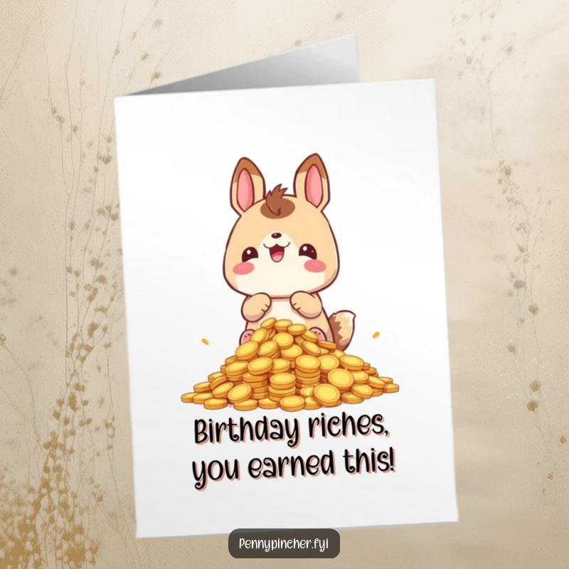 Funny Free Printable Birthday Card: A gleeful animal character happily guarding an enormous pile of shining coins.