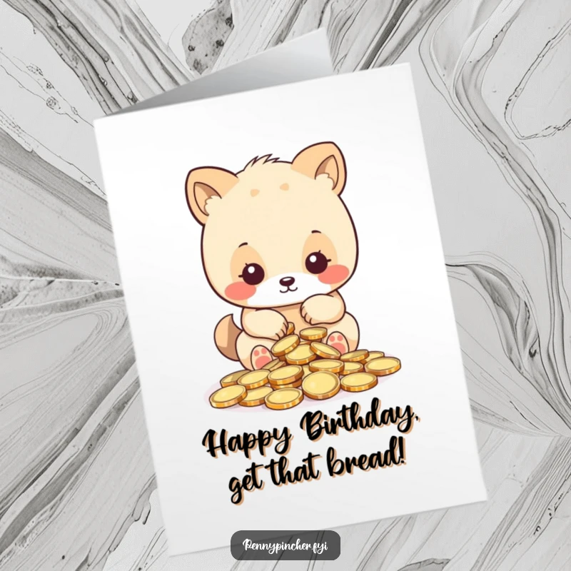 Funny Free Printable Birthday Card: Focused animal character meticulously counting shiny coins, celebrating your special day with financial flair.